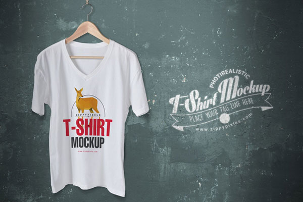 Simple V Neck T Shirt on a Wooden Hanger Mockup FREE PSD
