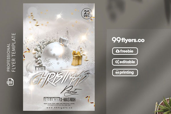 Sparkly and White Christmas Party Flyer Template FREE PSD