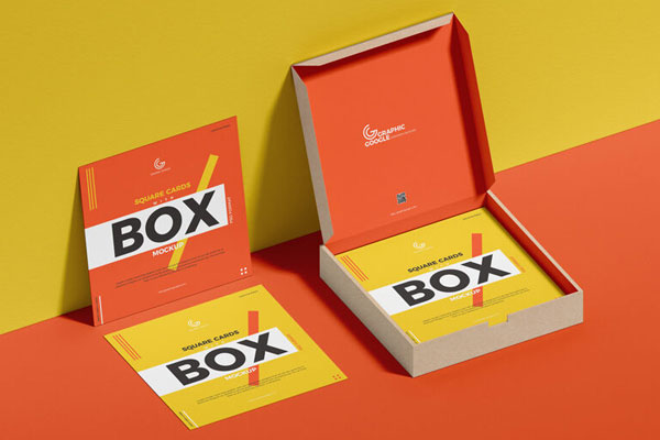 Square Cards With Box Mockup Laid on the Wall FREE PSD