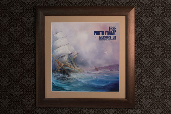 Square, Wooden Photo Frame Mockup Hung on the Wall in Front View FREE PSD