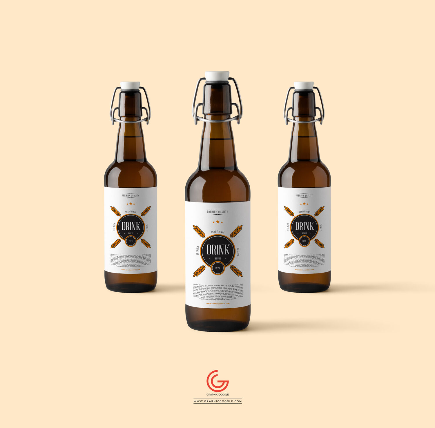 Three Amber Glass Beverage Bottles Mockup FREE PSD