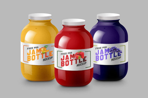 Three Jam Bottles in a Collection and Solos Front View Mockup FREE PSD