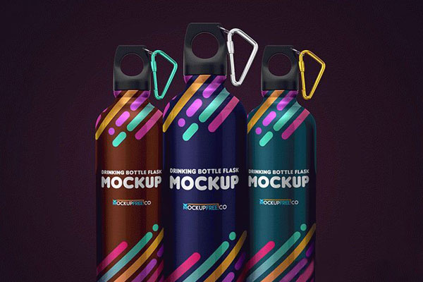Three Mockups Showing Front View of Drinking Flask Bottles with Caps FREE PSD