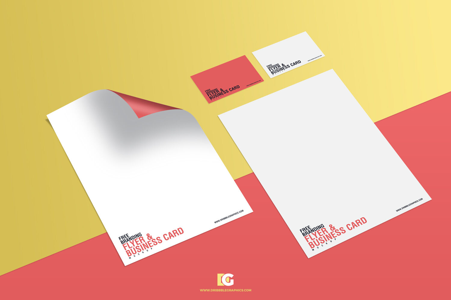 Top Side View of Branding Flyers and Business Cards Mockup FREE PSD