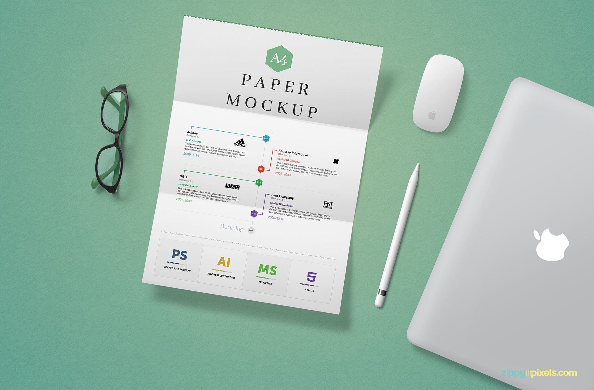 Top View of A4 Paper Letter Set Mockup FREE PSD