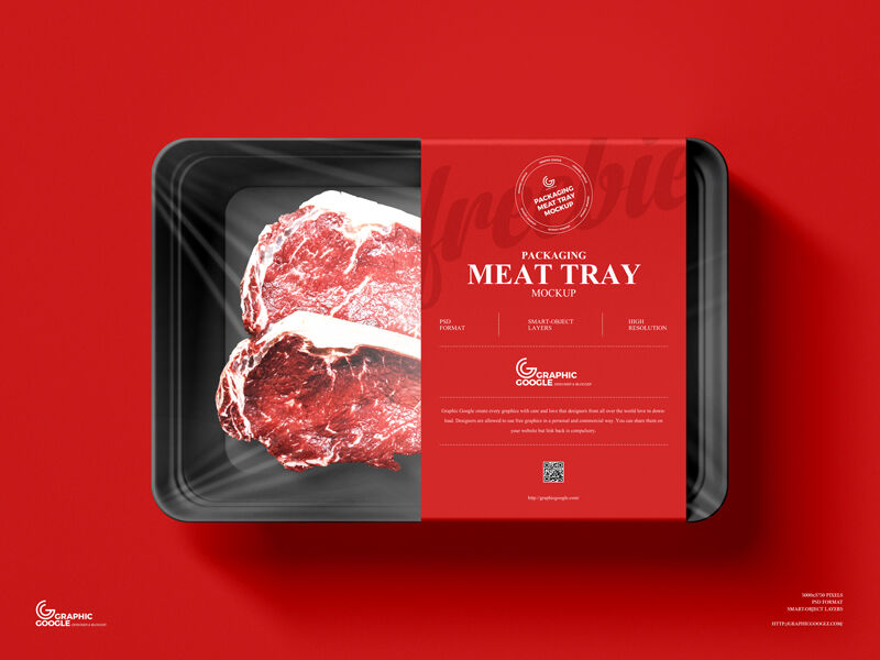 Top View of Meat Products in Tray Packaging with Cellophane Mockup FREE PSD