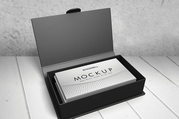 Two Mockups Featuring Different Views of Opened Box Containing Business Cards FREE PSD