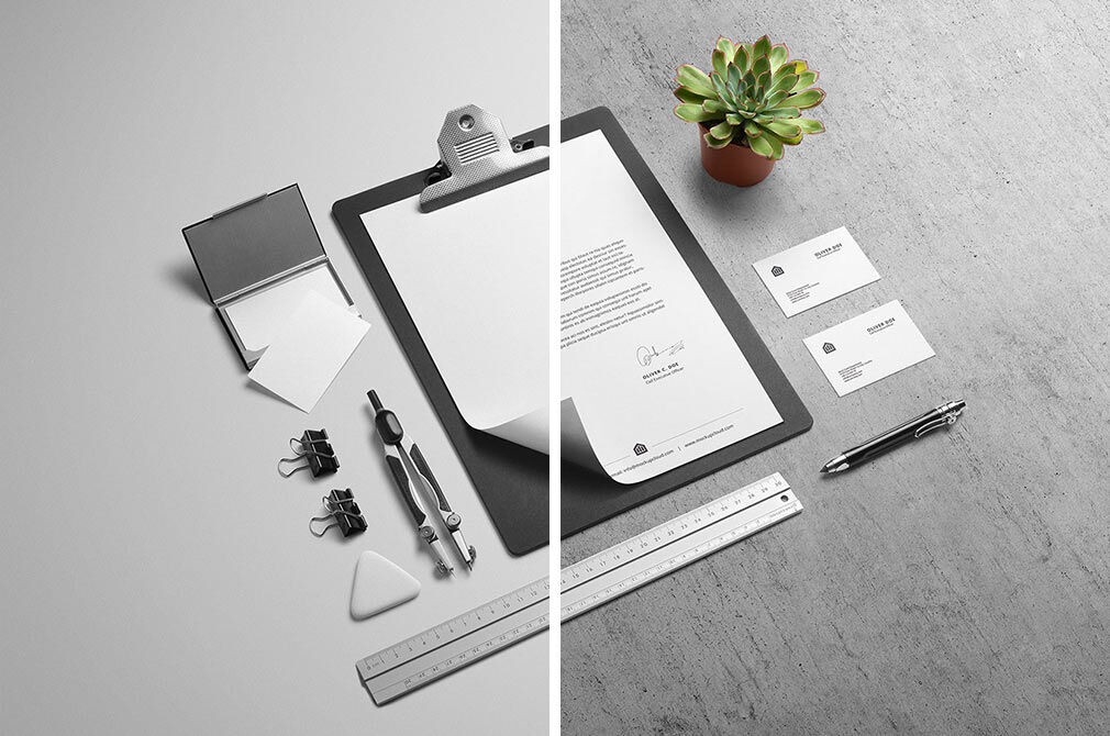 Two Mockups Showing Stationery Scenes of Letterhead and Business Cards FREE PSD