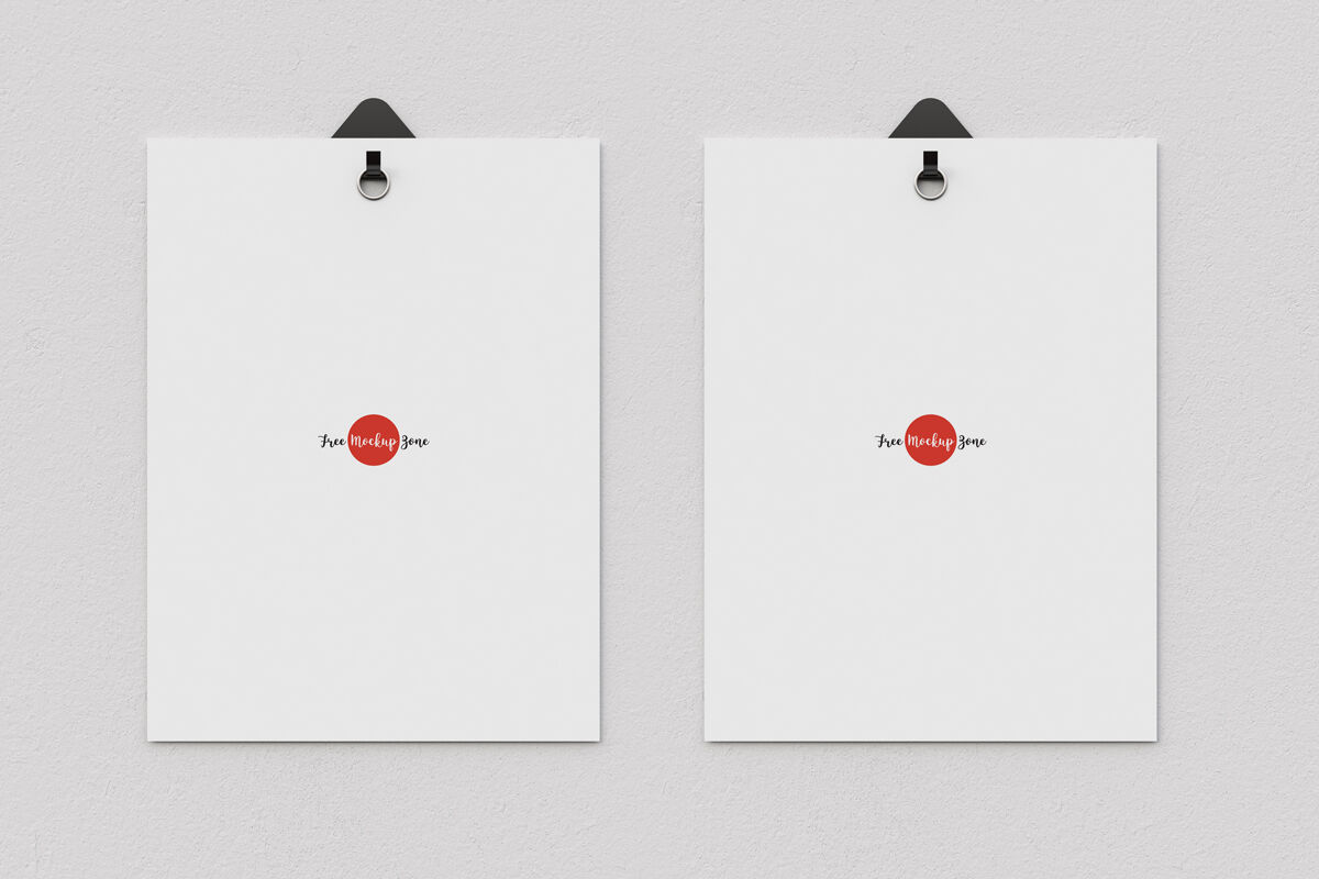 Two Posters Hanging From Clips on the Wall Mockup FREE PSD