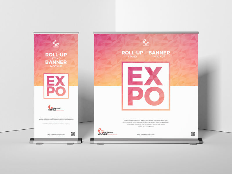 Two Roll-up Banner Stands at the Corner of Room in Front View Mockup FREE PSD