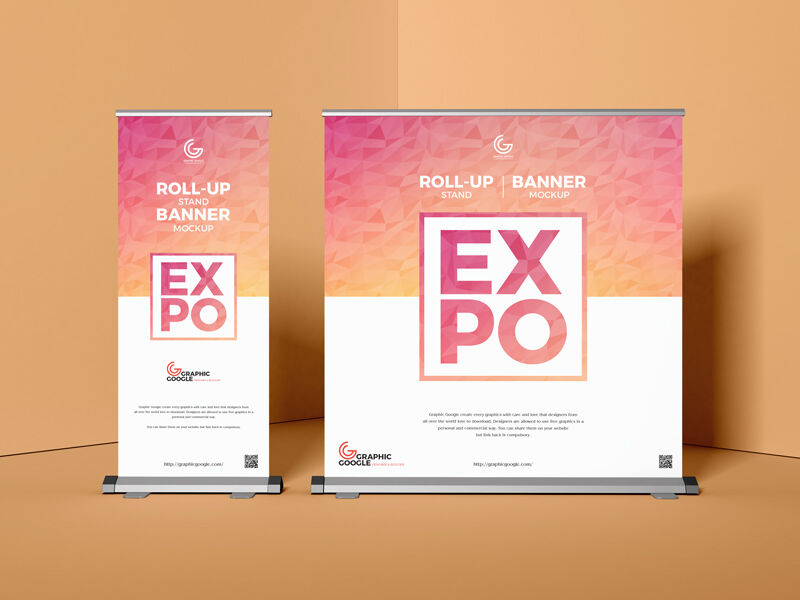 Two Roll-up Banner Stands at the Corner of Room in Front View Mockup FREE PSD