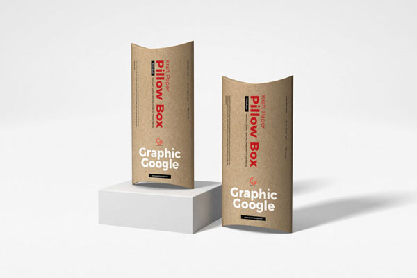 Two Sealed, Pillow-Shaped Kraft Packaging Boxes Mockup in Half-Side View FREE PSD