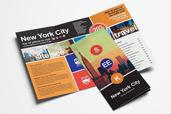 Urban Tri-Fold Travel Brochure Template with a Black, Orange Color Scheme FREE PSD