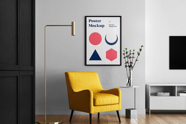 Vertical, Front-View Poster Hung on the Wall in Living Room Mockup FREE PSD
