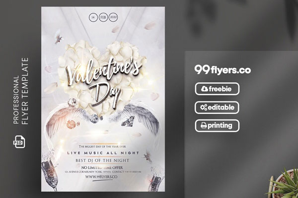 White Floral Valentines Party Flyer Template FREE PSD