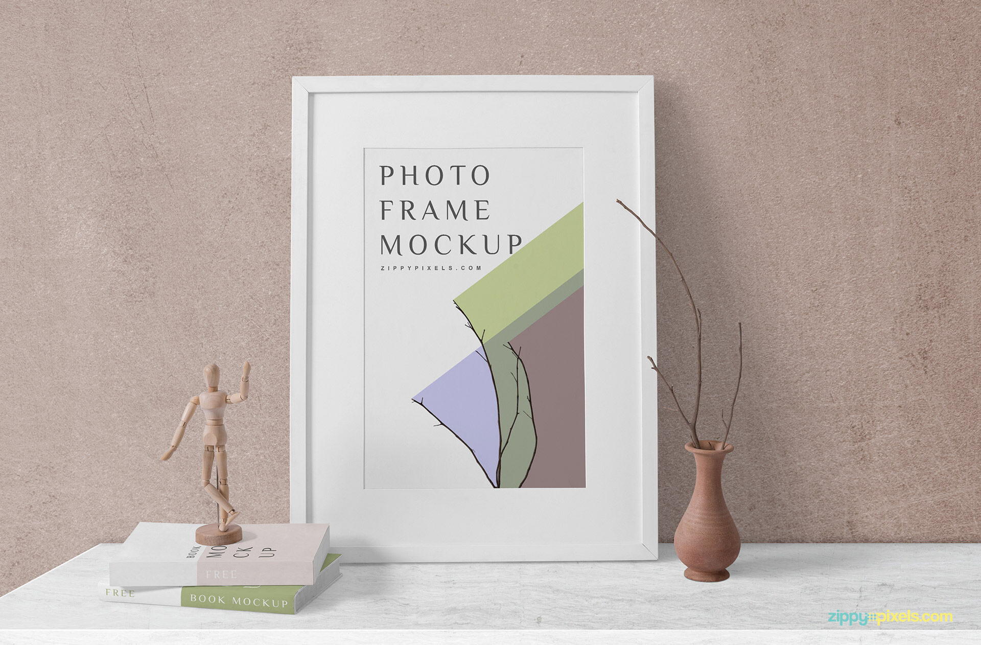 Wooden Frame Mockup with Books and Decorative Elements FREE PSD