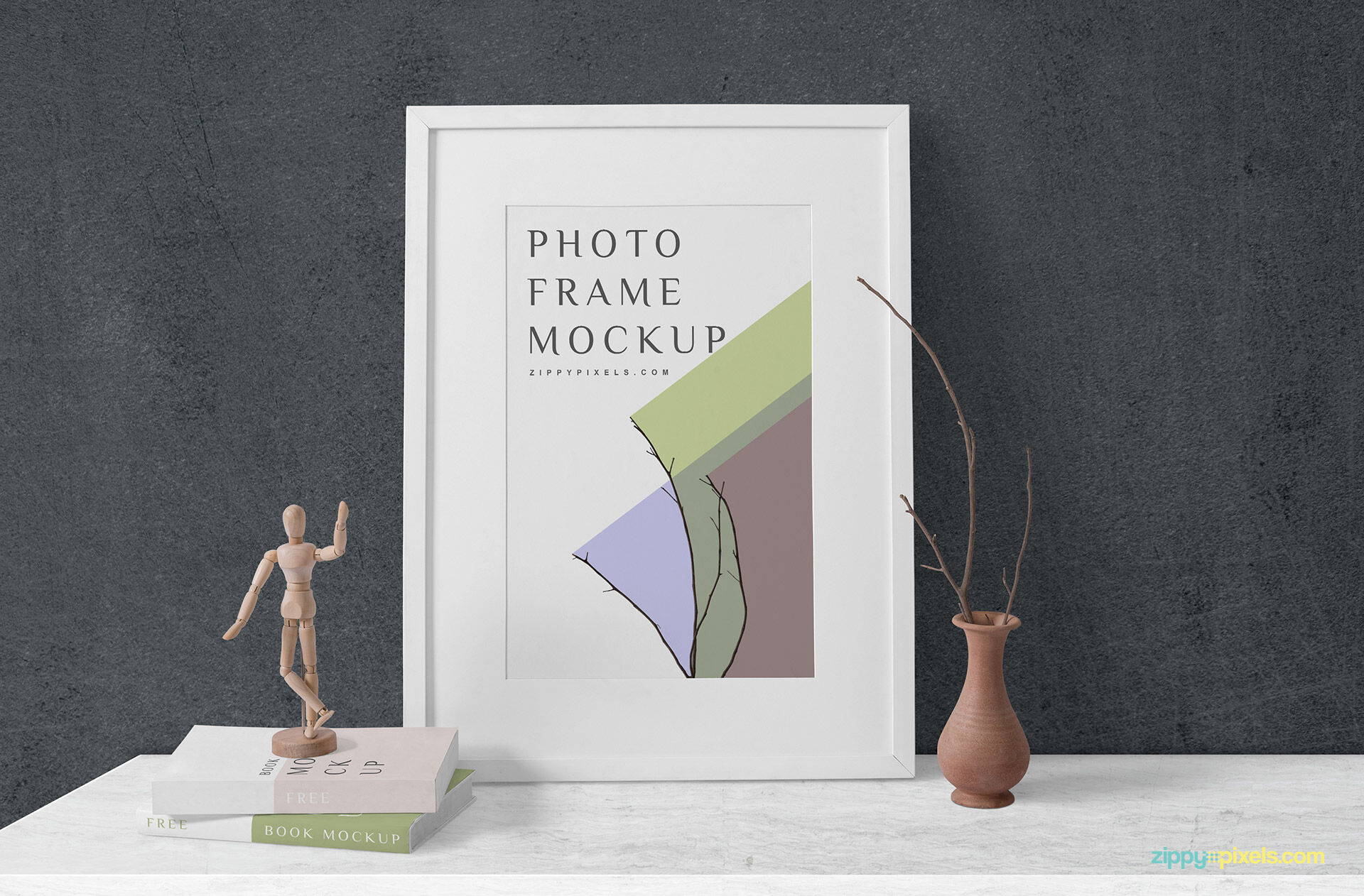 Wooden Frame Mockup with Books and Decorative Elements FREE PSD