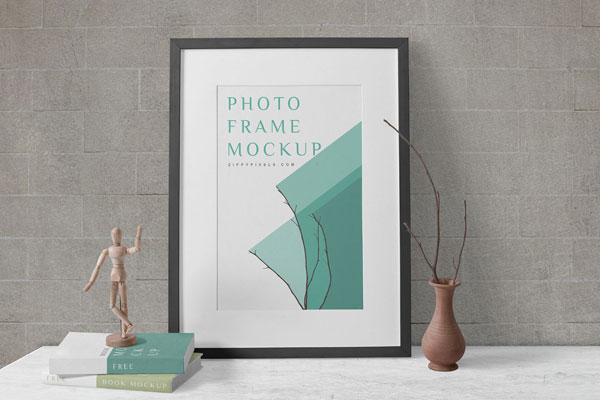 Wooden Frame Mockup with Books and Decorative Elements FREE PSD