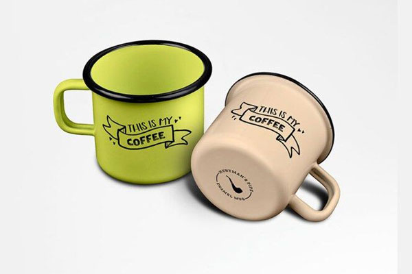 2 Enamel Mugs Mockups from Top Side View FREE PSD