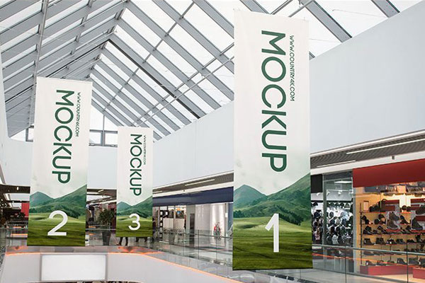 3/4 View of 2 Shopping Center Banner Mockups FREE PSD