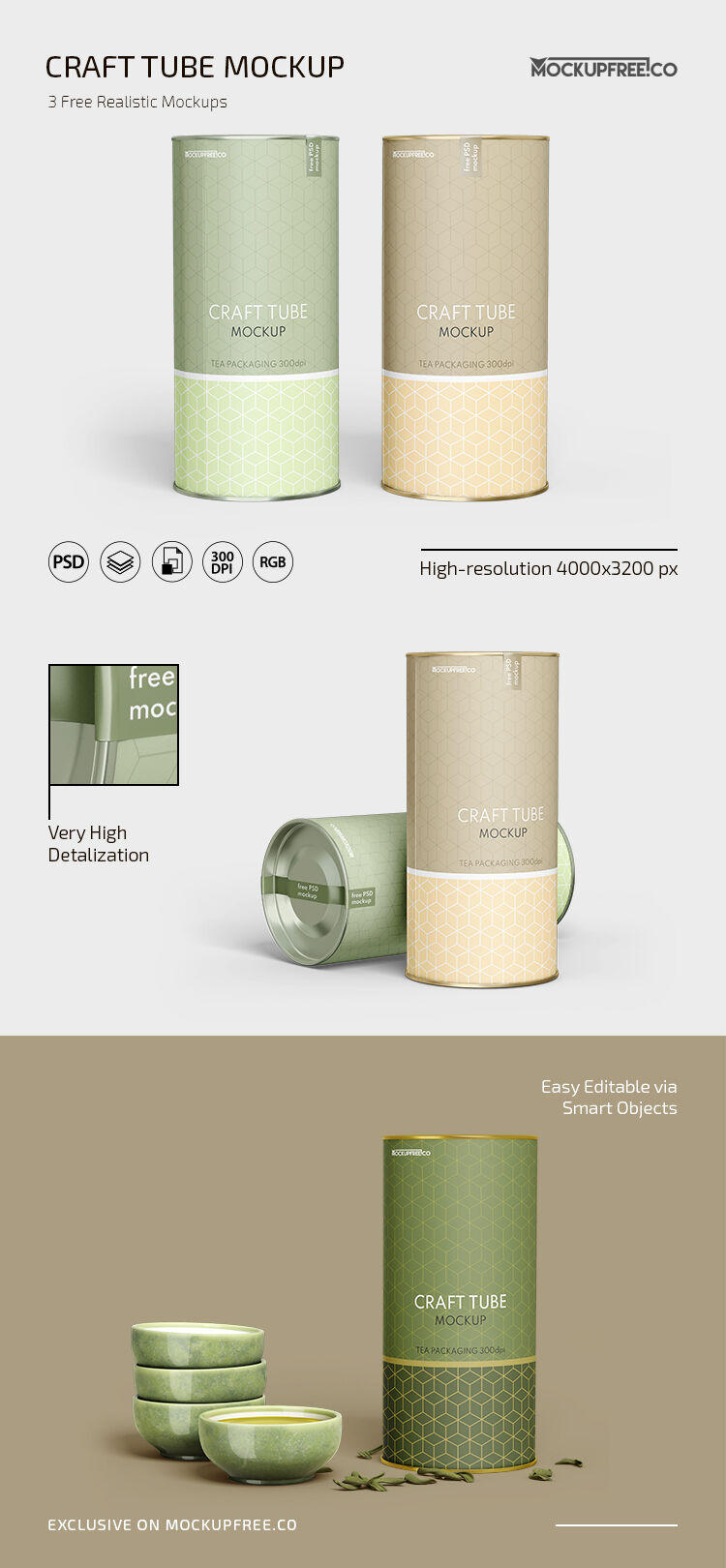 3 kraft Tube Mockups in Various Angles FREE PSD