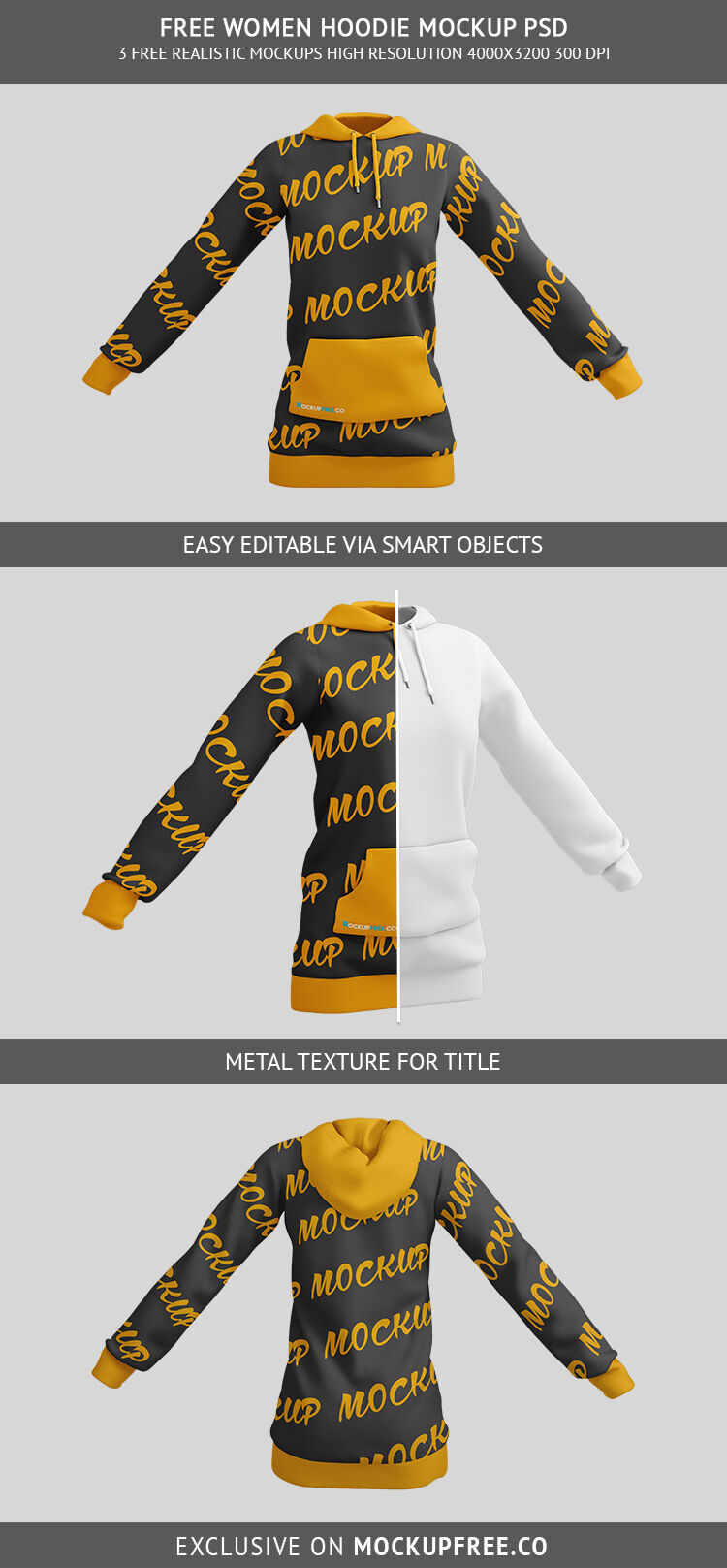 3 Mockups of a 3D Women Hoodie in Different Views FREE PSD