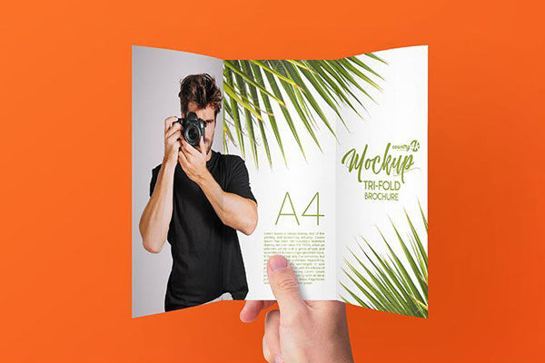3 Mockups of Tri-Fold Brochure Featuring one Held by Hand FREE PSD