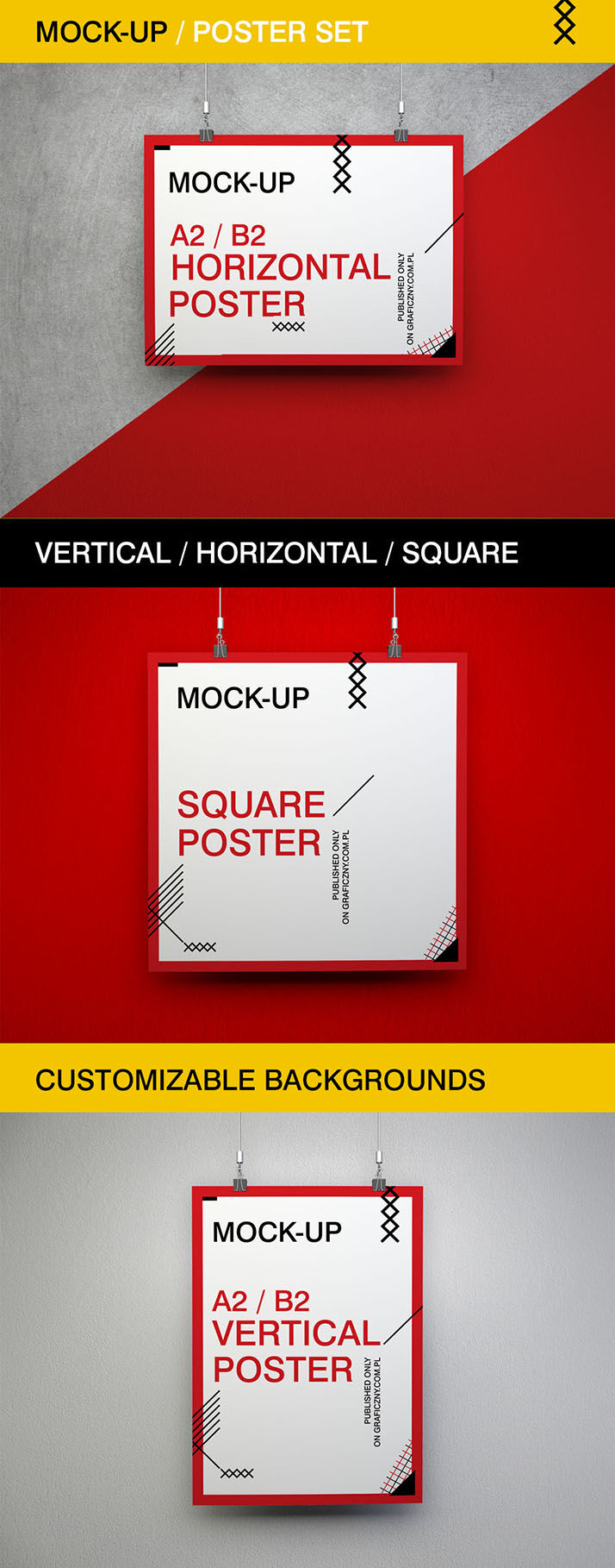 3 Poster Mockups in Horizontal, Square and Landscape Version FREE PSD