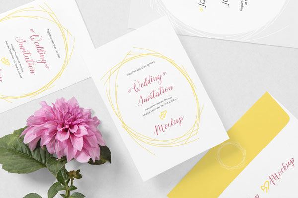 3 Scattered Wedding Cards and Envelope Mockup with a Flower FREE PSD