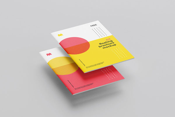 7 Mockups Featuring Floating A4 Brochure Booklet in Different Views FREE PSD