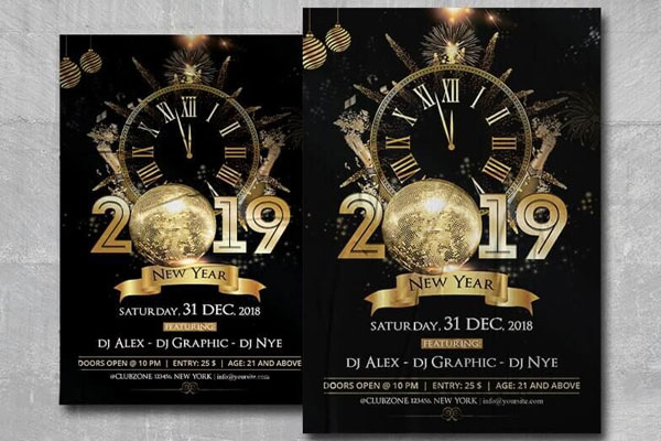 Black and Golden New Year's Events Flyer Template FREE PSD