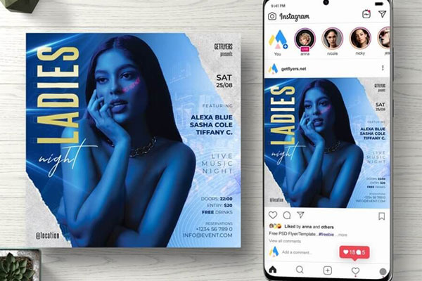 Blue, Modern Ladies Night Party Instagram Banner Template FREE PSD