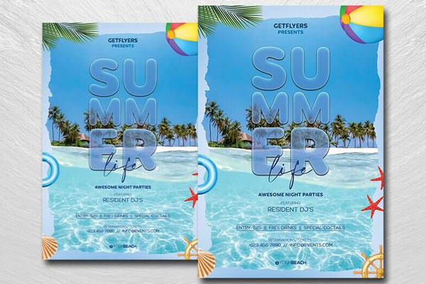 Blue Tropical Summer Party Flyer Template FREE PSD