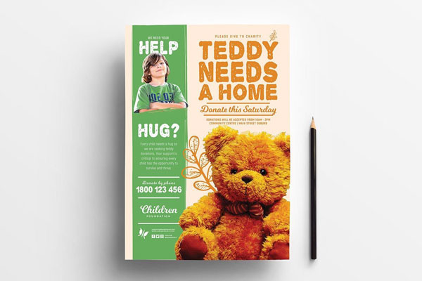 Children's Charity Poster and DL Cards Templates Featuring a Teddy Bear FREE PSD