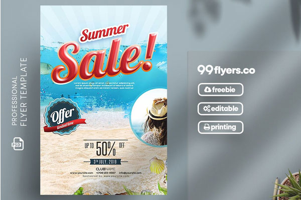 Cream, Blue Summer, Special Sale Festival Flyer Template FREE PSD