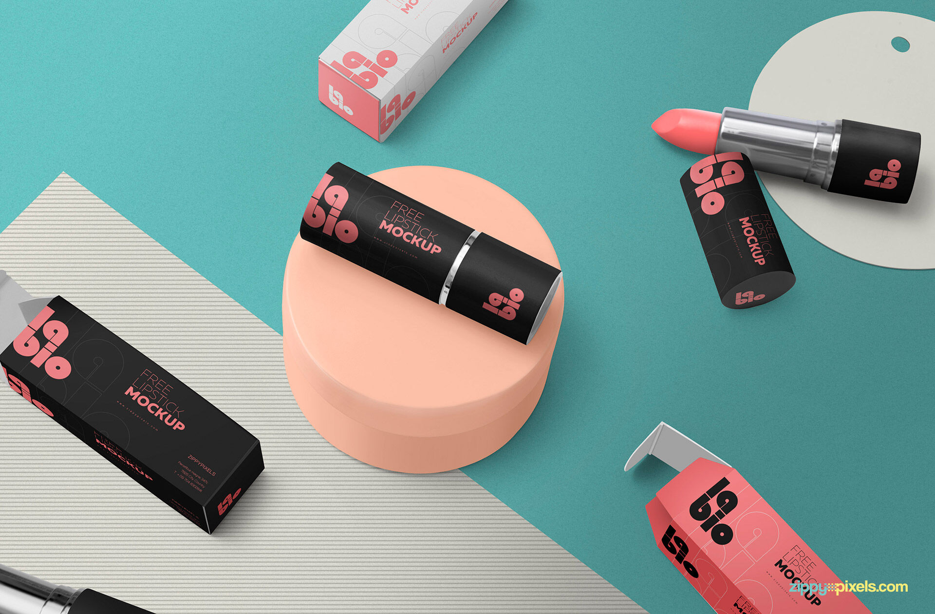 Different Views of Photorealistic Cosmetic Lipstick Packaging Mockup FREE PSD