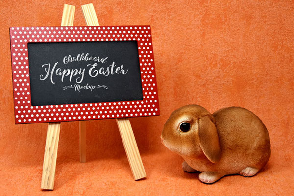 Easter Bunny Along with an Easel Blackboard in Perspective Mockup FREE PSD