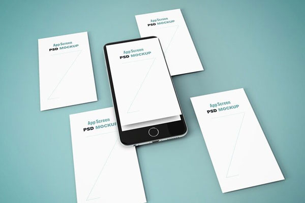 Five iPhone Screens Laid Down Together in Perspective View Mockup FREE PSD