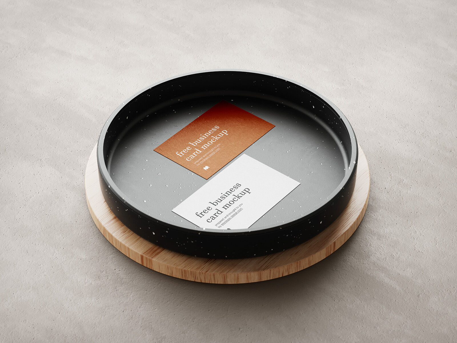 Five Mockups Featuring Business Cards and Ceramic Pan on Wooden Circle FREE PSD