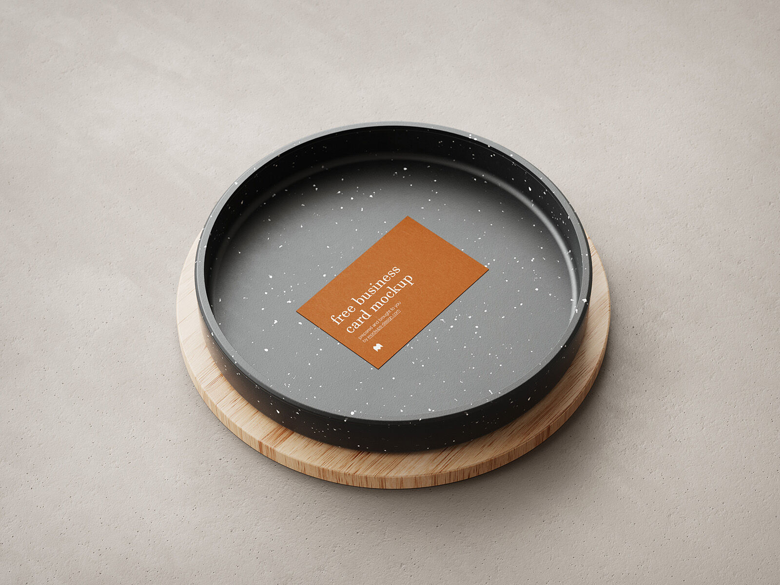 Five Mockups Featuring Business Cards and Ceramic Pan on Wooden Circle FREE PSD