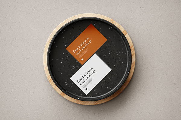 Five Mockups Featuring Business Cards and Ceramic Pan on Wooden Circle FREE PSD