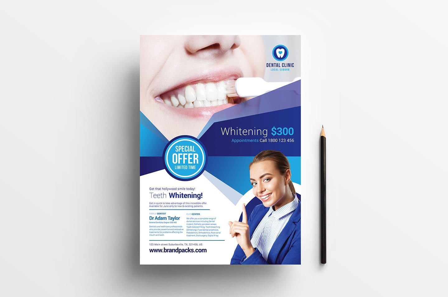 Flat Dental Clinic Poster Template Featuring Smiling Person in Blue Theme FREE PSD