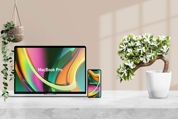 Front View MacBook Pro and iPhone 11 Mockup with Plants FREE PSD