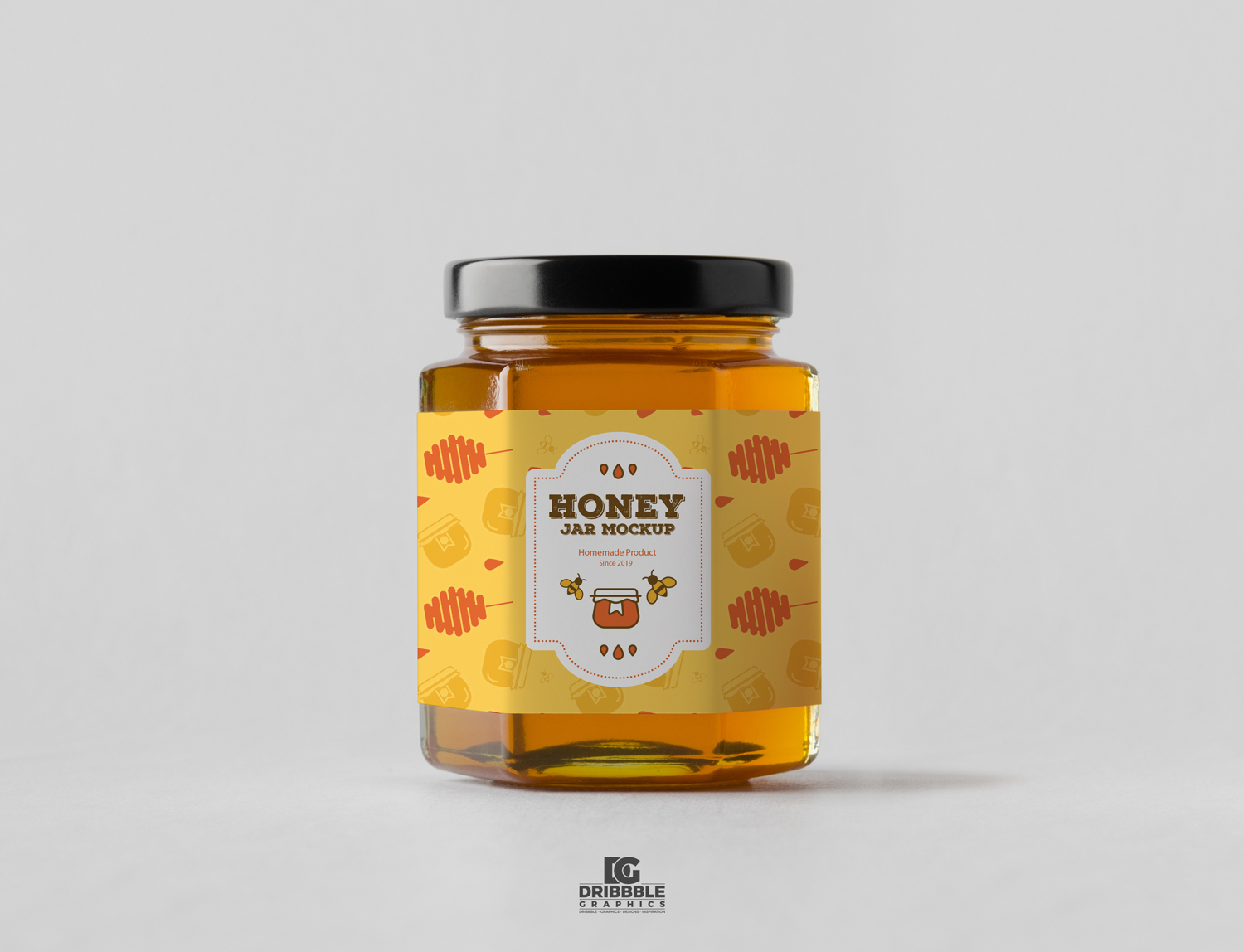 Front View of a Hexagonal Honey Jar Mockup with a Lid Free Download