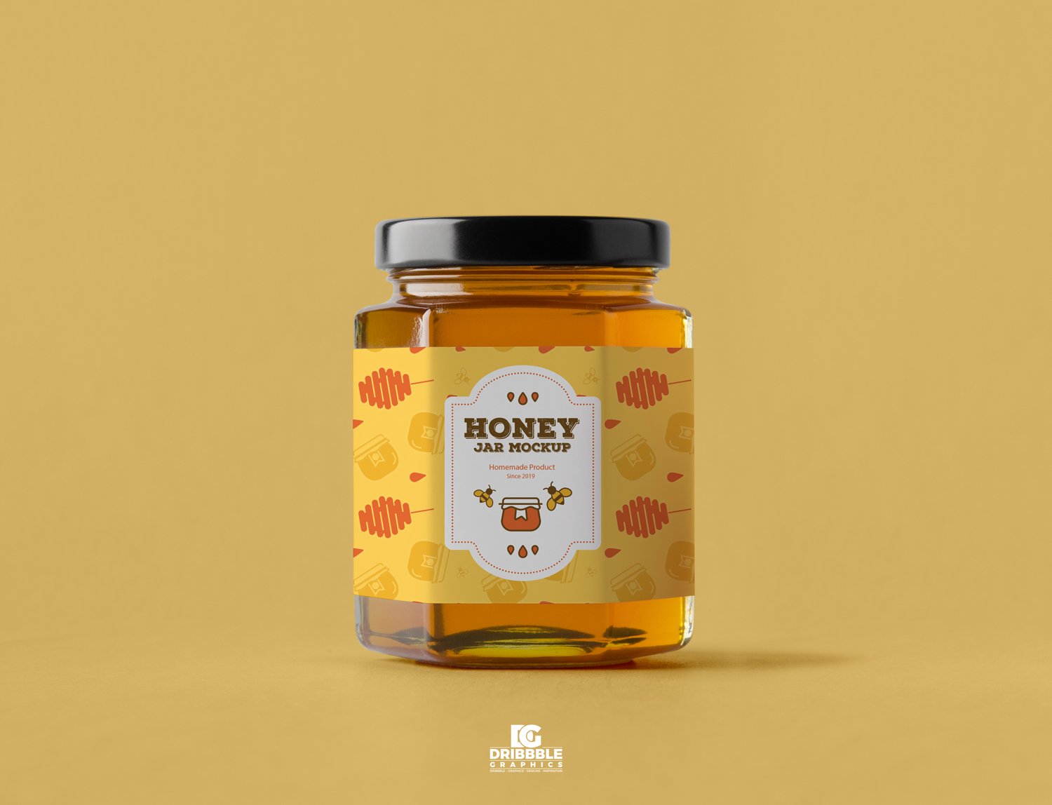 Front View of a Hexagonal Honey Jar Mockup with a Simple Black Lid FREE PSD