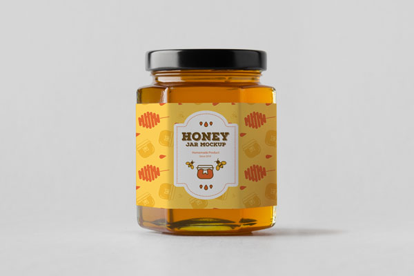 Front View of a Hexagonal Honey Jar Mockup with a Simple Black Lid FREE PSD