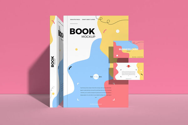 Front View of Colorful Books with Business Cards Mockup FREE PSD