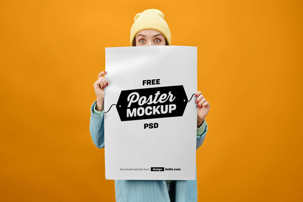Front View of Female Holding Huge Poster Mockup FREE PSD
