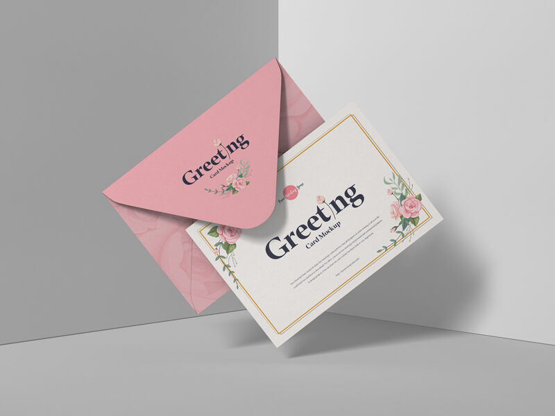 Front View of Floating Greeting Card and Envelope Mockup FREE PSD