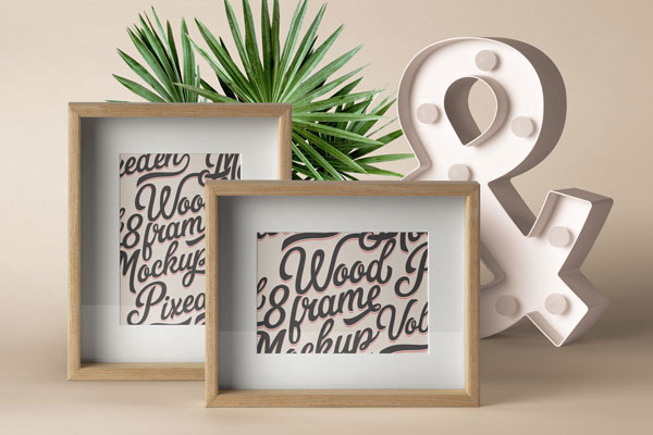 Front View of Landscape and Portrait Standing Wooden Frames Mockup FREE PSD